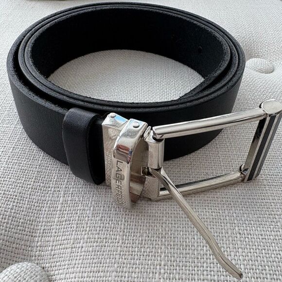 Karl Lagerfeld Men’s Black Leather Belt Silver Buckle Size 125 Italy